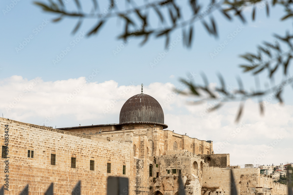 The walls  of the Temple Mount and Al-Aqsa Mosque in the Old Town of Jerusalem in Israel
