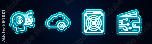 Set line Bitcoin think, Cryptocurrency cloud mining, ASIC Miner and wallet. Glowing neon icon. Vector.