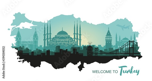 Landscape of the Turkish city of Istanbul. Abstract skyline with the main attractions in the form of a map