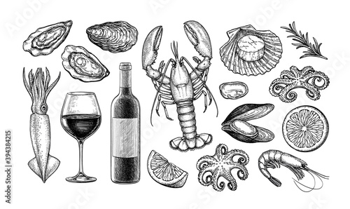Ink sketch set of wine and seafood.