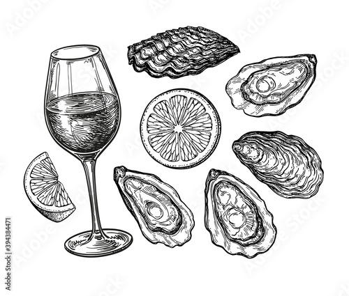Ink sketch of wineglass and oysters.