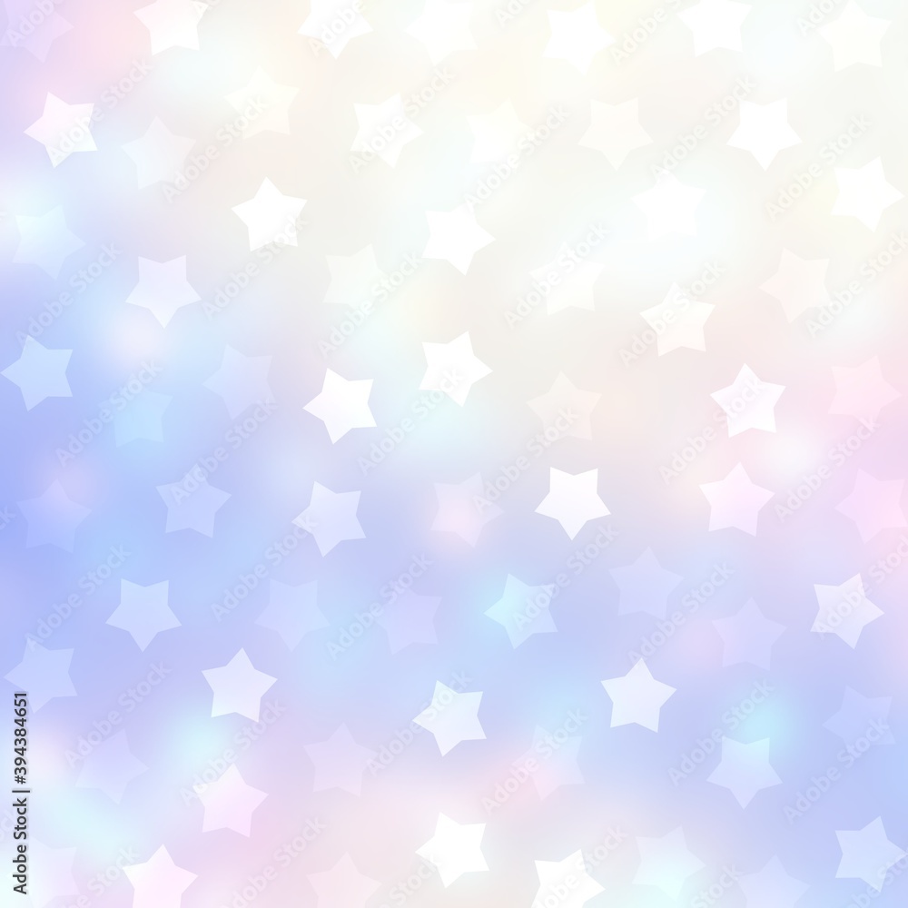 Bokeh stars on pastel blue pink soft background. Light holidays decorative illustration.