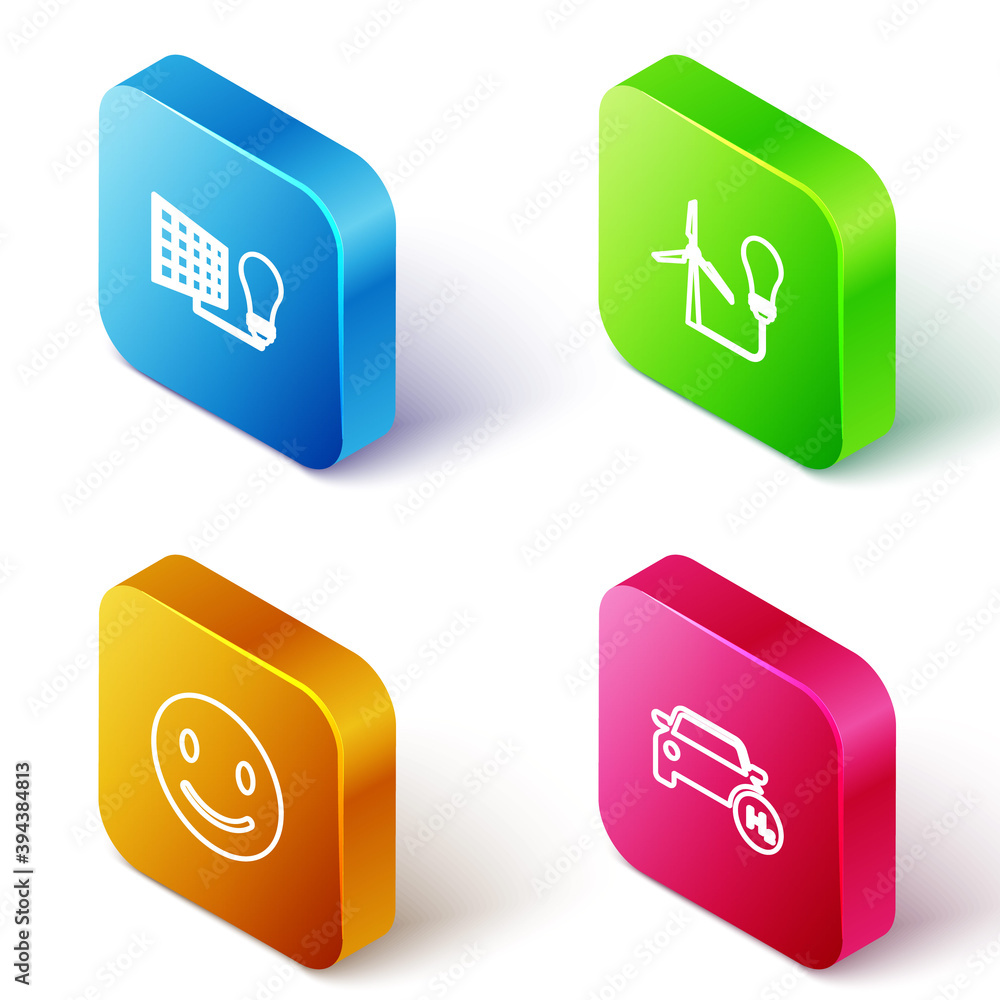 Set Isometric line Solar energy panel and light bulb, Light with wind turbine, Smile face and Hydrogen car icon. Vector. Set Isometric line Solar energy panel and light bulb, Light with wind turbine, Smile face and Hydrogen car icon. Vector.