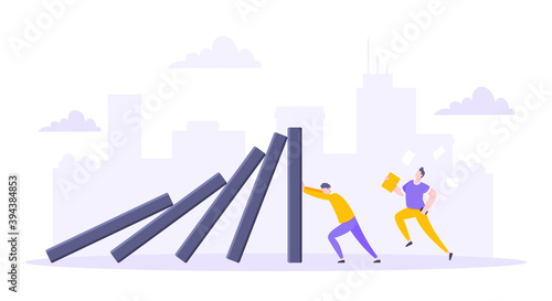 Domino effect or business resilience metaphor vector illustration. Adult young man pushing falling domino line business concept of problem solving.