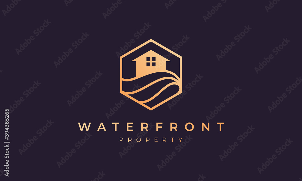 logo property with a hexagon base shape with ocean wave and window logo property with a hexagon base shape with ocean wave and window