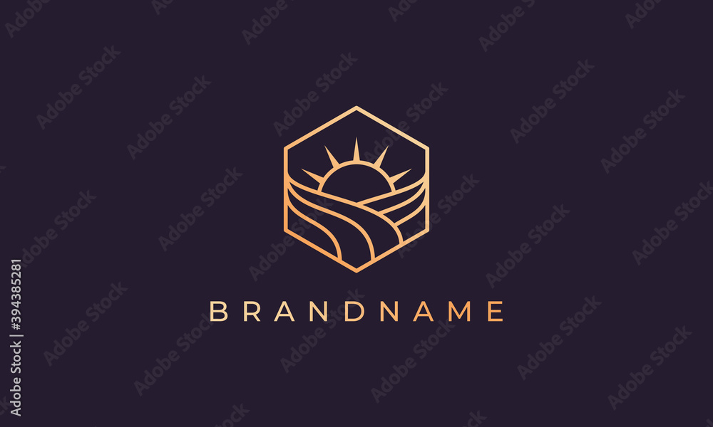 hexagon logo with sea water wave from line and sun in a simple and modern shape hexagon logo with sea water wave from line and sun in a simple and modern shape