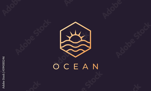 hexagon logo with ocean wave from line and sun in a simple and modern shape