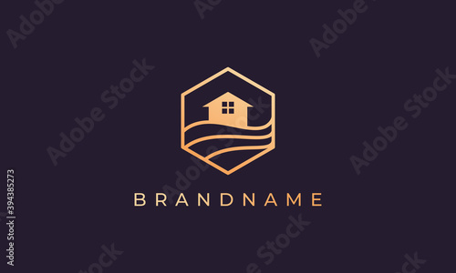 logo residence with a hexagon base shape with ocean wave and window
