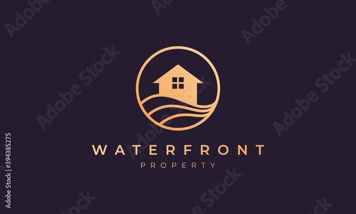 villa logo of gold line with house in circle shape with ocean wave