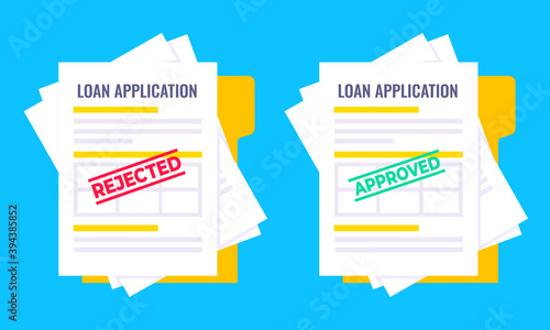 Rejected and approved credit or loan forms set with claim form on it, paper sheets isolated on blue background flat style vector illustration. Concept of fill out online application form