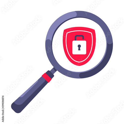 Shield with padlock on it security protection symbol in the magnifier circle glass. Safety lock, privacy policy and data protection metaphor.