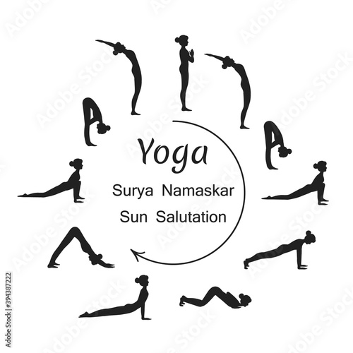 Surya namaskar A sun salutation yoga asanas sequence set vector illustration. Young woman do morning yoga stretch exercise poses for body health. Asana flat style design infographic complex.
