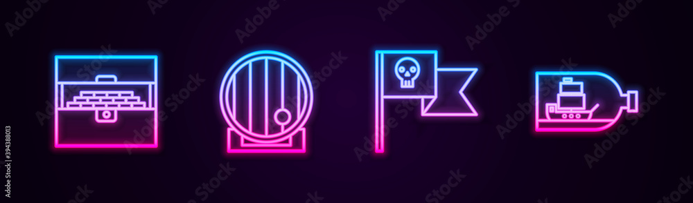 Set line Antique treasure chest, Wooden barrel, Pirate flag with skull and Bottle ship inside. Glowing neon icon. Vector. Set line Antique treasure chest, Wooden barrel, Pirate flag with skull and Bottle ship inside. Glowing neon icon. Vector.