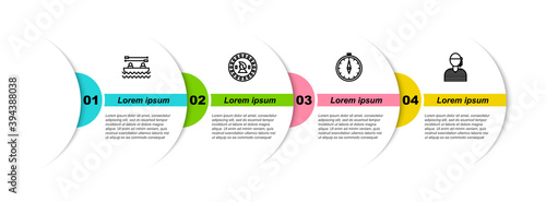 Set line Boat with oars, Pirate coin, Compass and Sailor captain. Business infographic template. Vector.