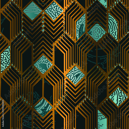 Seamless expressive art deco pattern with 3d illusion, consisting of rhombuses and picturesque bionic texture. Template for packaging, printing on fabric.