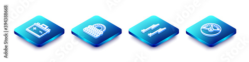 Set Isometric line Car battery, tire, Windscreen wiper and Speedometer icon. Vector.