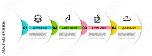 Set line Steering wheel, Windscreen wiper, Gear shifter and Car mirror. Business infographic template. Vector.