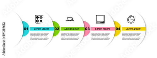 Set line Gas stove, Coffee cup, Electronic scales and Kitchen timer. Business infographic template. Vector.