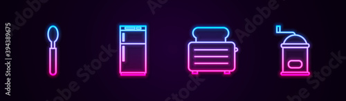 Set line Spoon, Refrigerator, Toaster with toasts and Manual coffee grinder. Glowing neon icon. Vector.