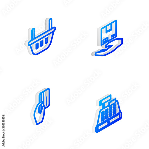 Set Isometric line Delivery hand with boxes, Shopping basket, Hand holding credit card and Cash register machine icon. Vector.