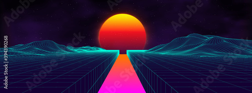 80s background retro landscape. Futuristic neon 1980s style. Cyber surface. Party background. Retro 80s fashion Sci-Fi Summer Landscape Background.