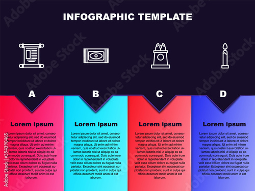 Set line Decree, paper, parchment, scroll, Traditional carpet, Stage stand or tribune and Burning candle. Business infographic template. Vector.