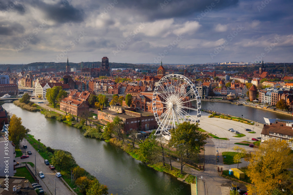 Aerial view of the Gdansk city at the Motlawa river with amazing architecture,  Poland
