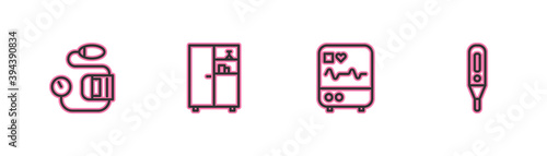 Set line Blood pressure, Monitor with cardiogram, Medicine cabinet and Medical digital thermometer icon. Vector.