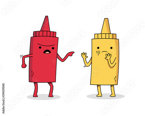 Cute ketchup and mustard cartoon character arguing