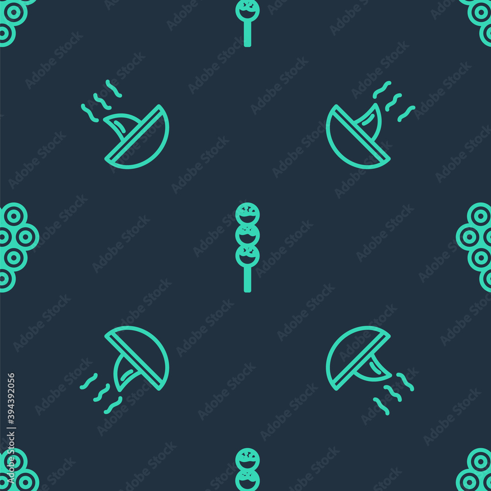 Set line Takoyaki on a stick, Shark fin soup and Caviar on seamless pattern. Vector. Set line Takoyaki on a stick, Shark fin soup and Caviar on seamless pattern. Vector.