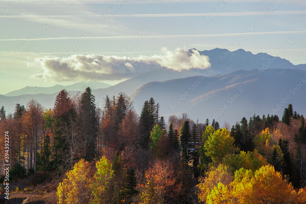 Krasnaya Polyana, Sochi, the mountains of the North Caucasus, snow-capped peaks against the background of autumn trees, Krasnaya Polyana, Sochi, the mountains of the North Caucasus, snow-capped peaks against the background of autumn trees,