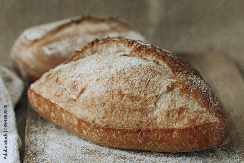 Fresh homemade crisp bread, soft focus. French bread. Bread at leaven. Unleavened bread.