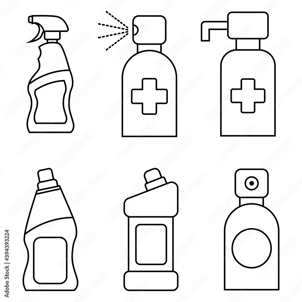 Household chemical bottles. Liquid detergent or soap, stain remover, bathroom or toilet cleaner. Sanitizer spray. Disinfectant Container with pump dispenser. Hand sanitizer containers Household chemical bottles. Liquid detergent or soap, stain remover, bathroom or toilet cleaner. Sanitizer spray. Disinfectant Container with pump dispenser. Hand sanitizer containers