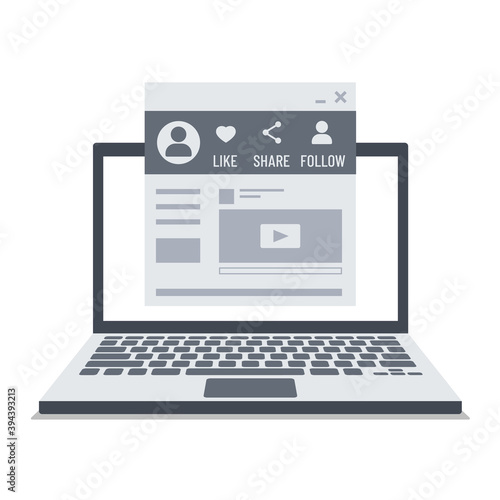 social media laptop color vector illustration isolated on white background. Laptop color flat illustration with social media account web page. For business marketing design