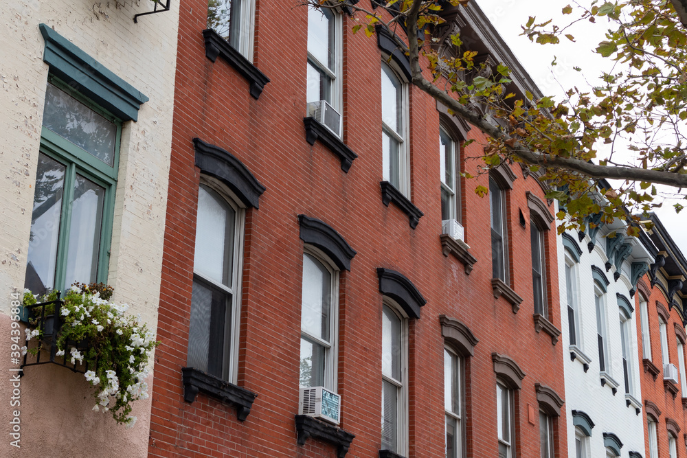 Row of Colorful Old Brick Residential Buildings in Hoboken New Jersey