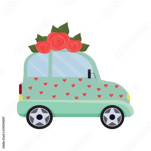 Cute funny car with hearts and flowers roses isolated on white background. Romantic Valentine day celebration, greeting clipart, design element. Creative stylish love print.