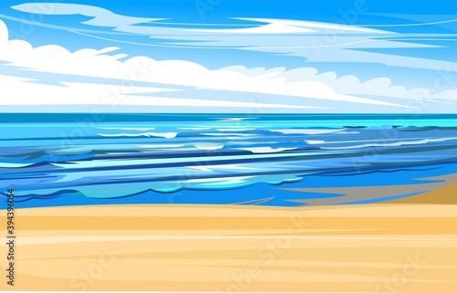 Seaside. Tidal bore. Yellow coastal sand. Foamy waves of the sea. Skyline with clouds and blue sky. Flat style. Water landscape.
