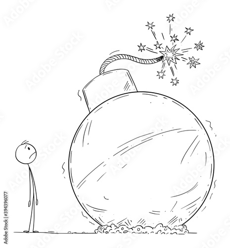 Vector cartoon stick figure illustration of scary frustrated man looking at retro bomb stick in ground that will explode any second. Concept of threat, danger, war or conflict.