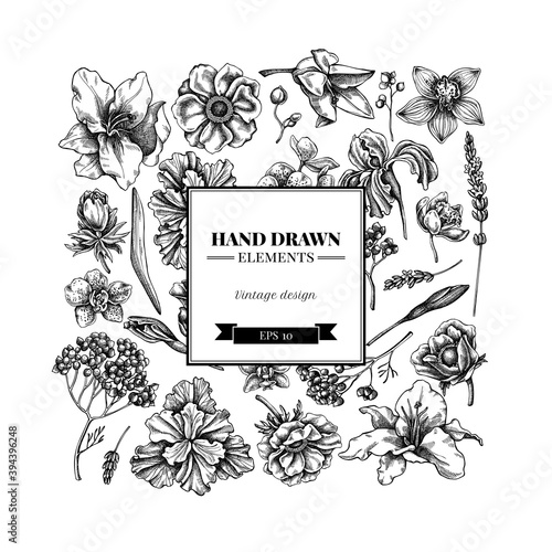 Square floral design with black and white anemone, lavender, rosemary everlasting, phalaenopsis, lily, iris