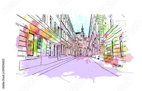 Building view with landmark of Bydgoszcz is a city in northern Poland. Watercolour splash with hand drawn sketch illustration in vector.