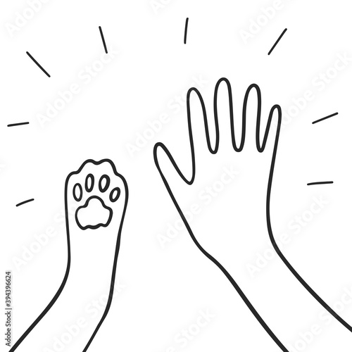 Human and pet - high five. Paw and hand - human-animal friendship concept. Vector illustration