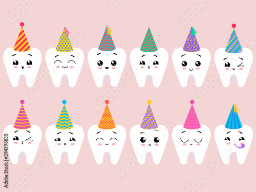Collection of cute kawaii cartoon tooth with party hat. Vector illustration