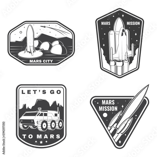 Set of space mission logo, badge, patch. Vector Concept for shirt, print, stamp. Vintage typography design with space rocket, mars rover and city on mars silhouette