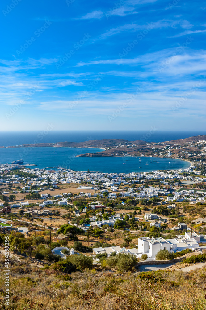 Panorama view  of the  heart shape gulf of parikia village with the traditional white houses in Paros island, Greece.