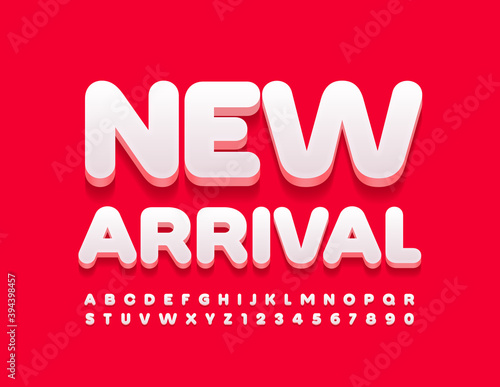 Vector promo banner New Arrival. Modern trendy Font. White Alphabet Letters and Numbers set