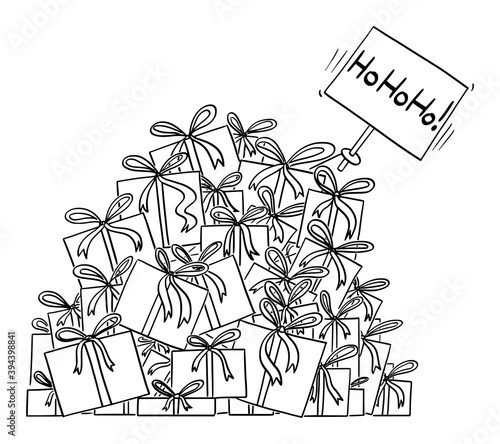 Cartoon vector black and white illustration or drawing of big pile of christmas presents or gifts. Hand of Santa Claus is sticking out with hohoho sign.