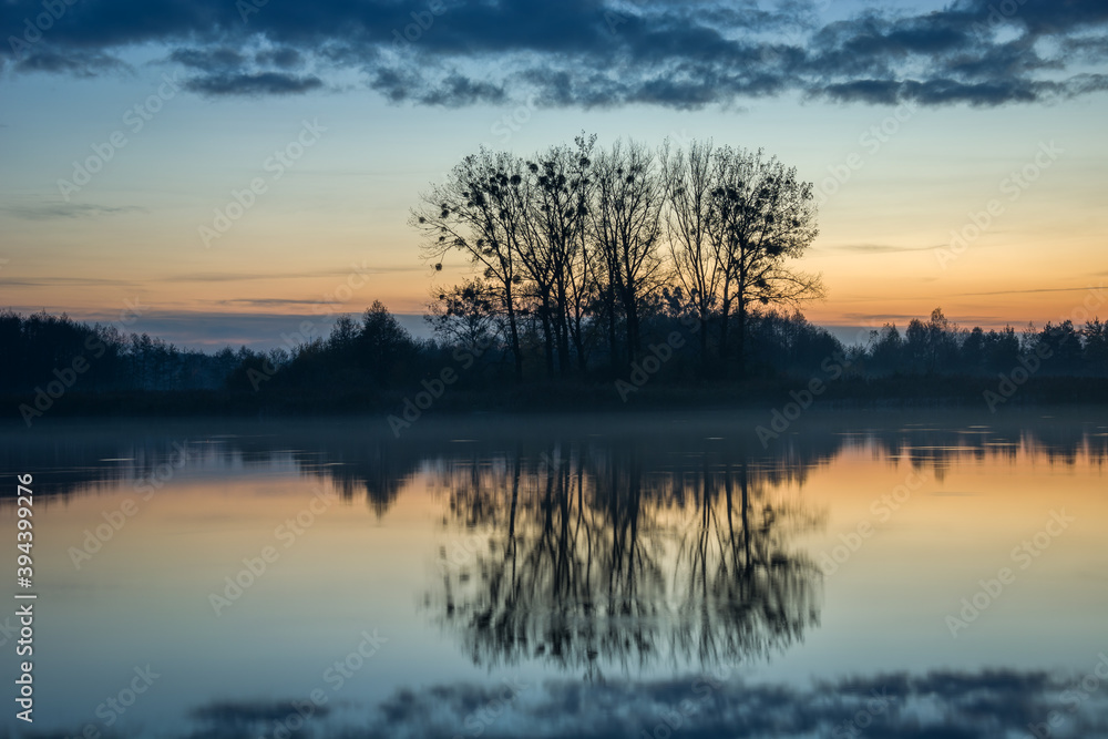 Fototapeta premium Trees on the shores of a calm lake, fog and clouds