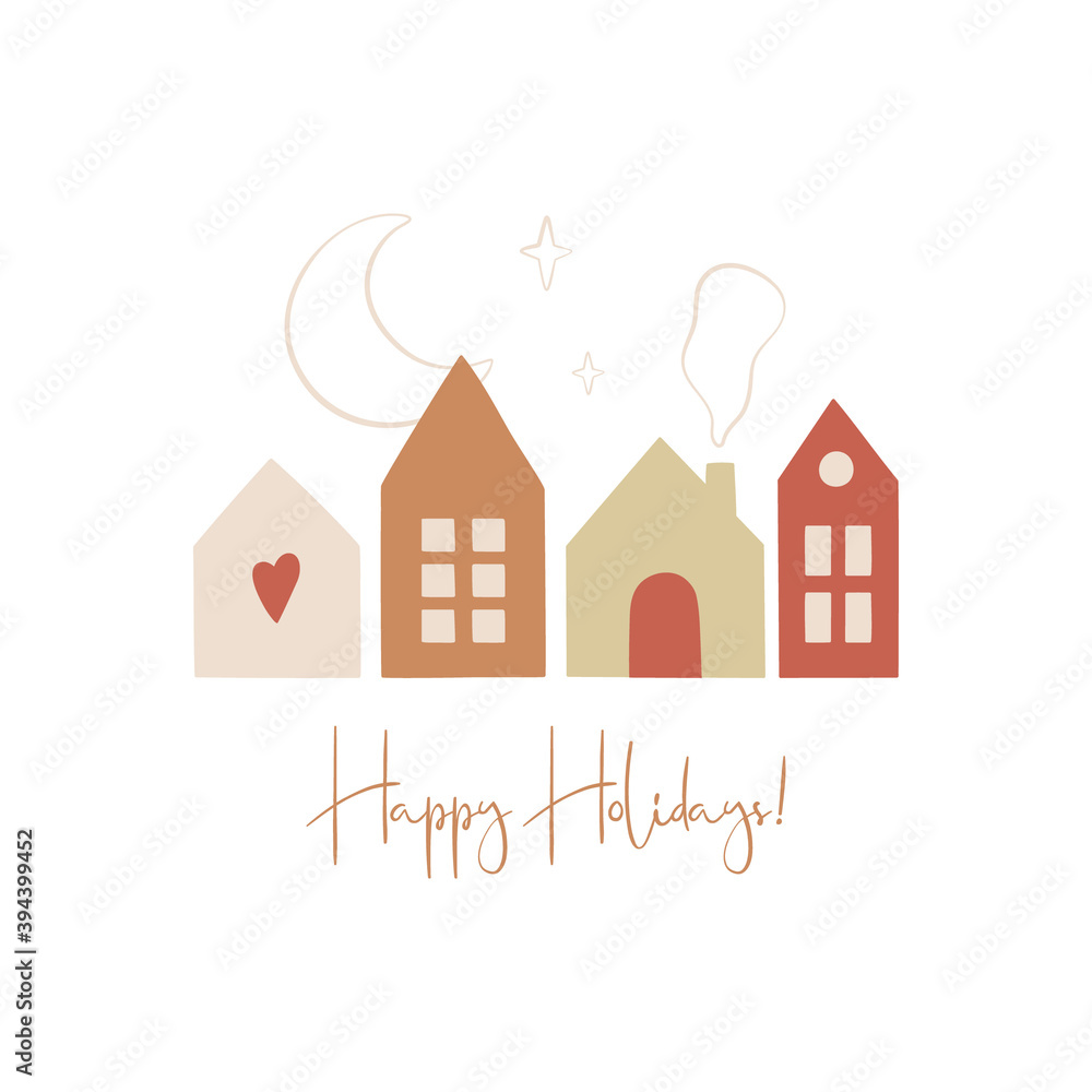 Happy hollidays greeting card in scandinavian style. Hand drawn cute hauses, fir trees, snowflackes and moon. Vector illustration.