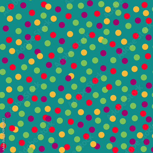 Colorful Christmas confetti on teal green background seamless pattern.