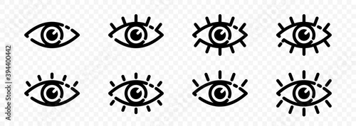 Eyes flat icons set. Contoured open eye with and without buttons. Isolated vector elements.